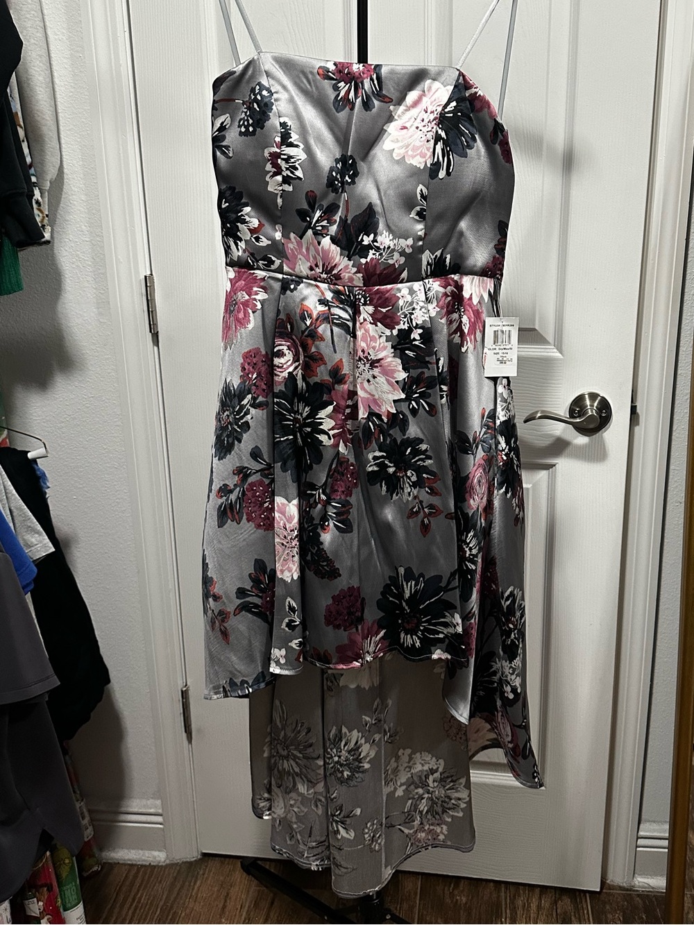 B Darlin Silver Satin High-Low Dress with Pink Floral Print